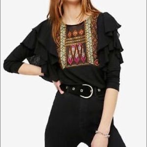 Free People Black Ruffle Embroidered Top